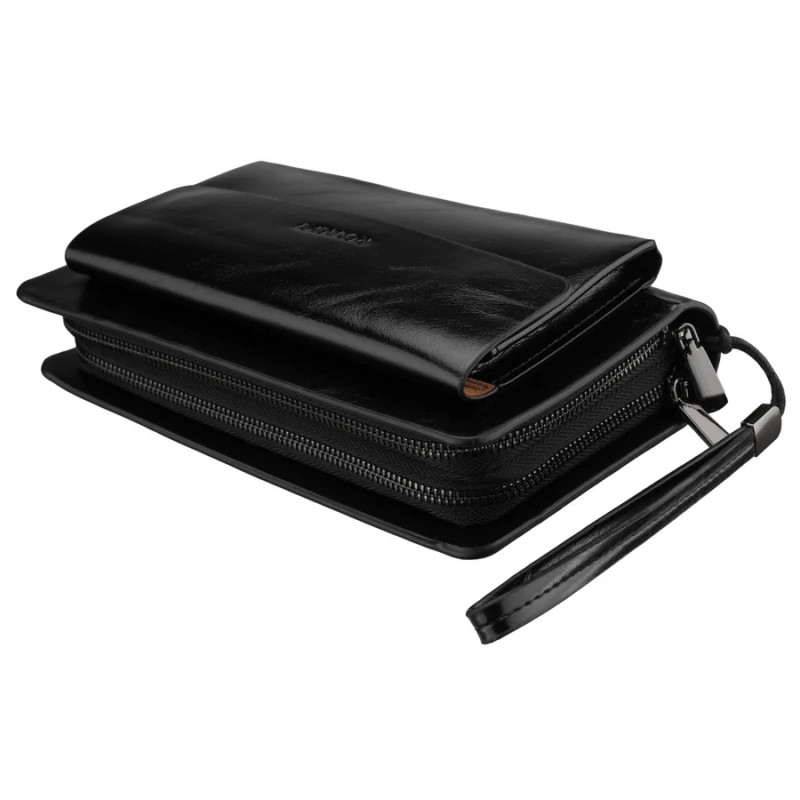 Saszetka męska ze skóry ekologicznej w czarnym kolorze, dwukomorowa - Rovicky