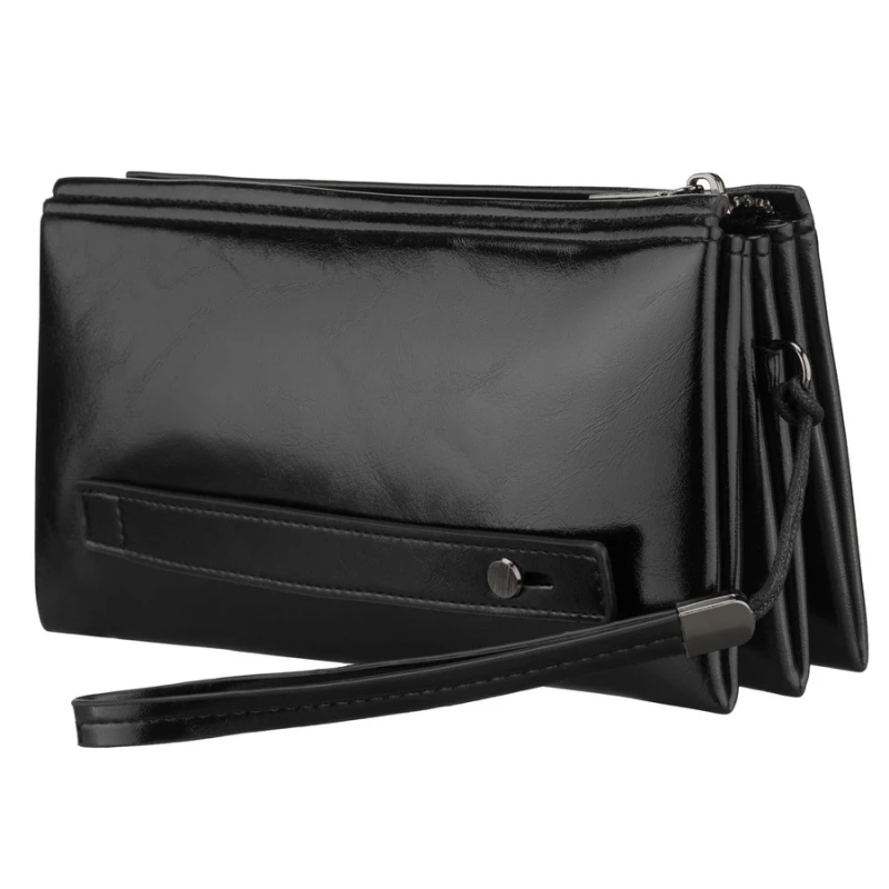 Saszetka męska ze skóry ekologicznej w czarnym kolorze, wyposażona w uchwyt na rękę - Rovicky