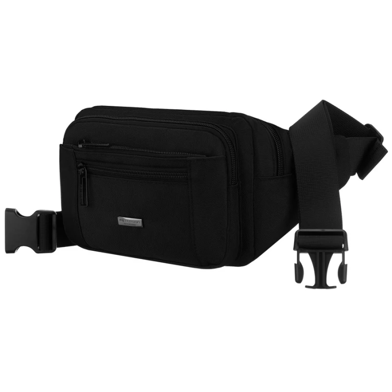 Saszetka Peterson czarna – widok boczny, regulowany pasek do noszenia na ramieniu i biodrach