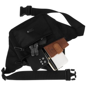 Miejska saszetka męska w czarnym kolorze z kieszenią zewnętrzną na suwak - Peterson