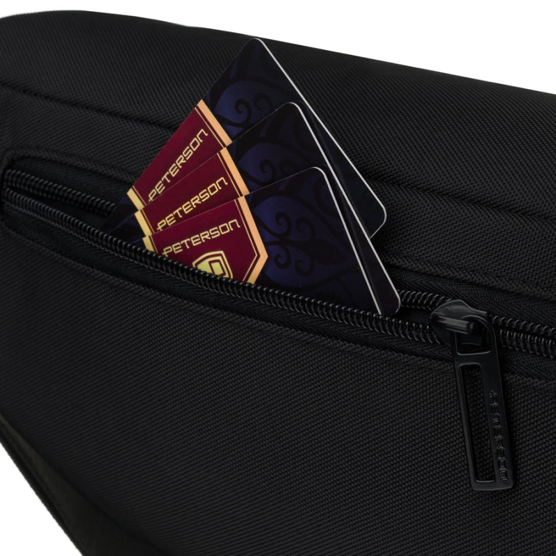 Czarna saszetka męska z kieszeniami zewnętrznymi na suwak zawieszona na regulowanym pasku - Peterson