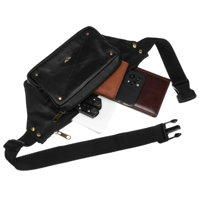 Biodrowa nerka męska w czarnym kolorze wykonana ze skóry naturalnej - Peterson