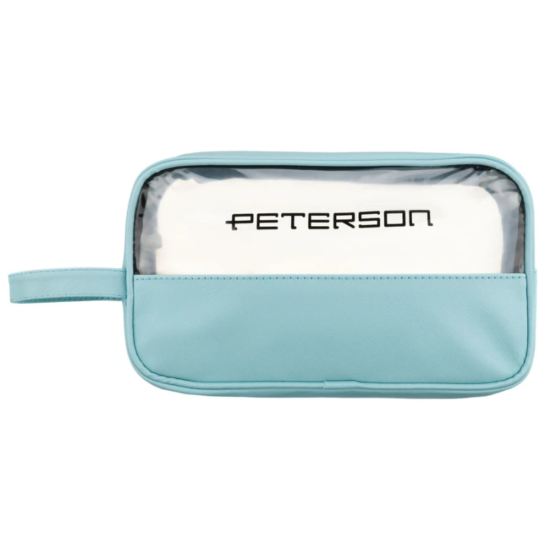 Niebieska kosmetyczka z tkaniny syntetycznej wyposażona w przezroczysty panel - Peterson