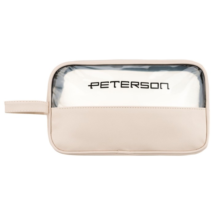 Kosmetyczka z tkaniny syntetycznej w beżowym kolorze wyposażona w przezroczysty panel - Peterson