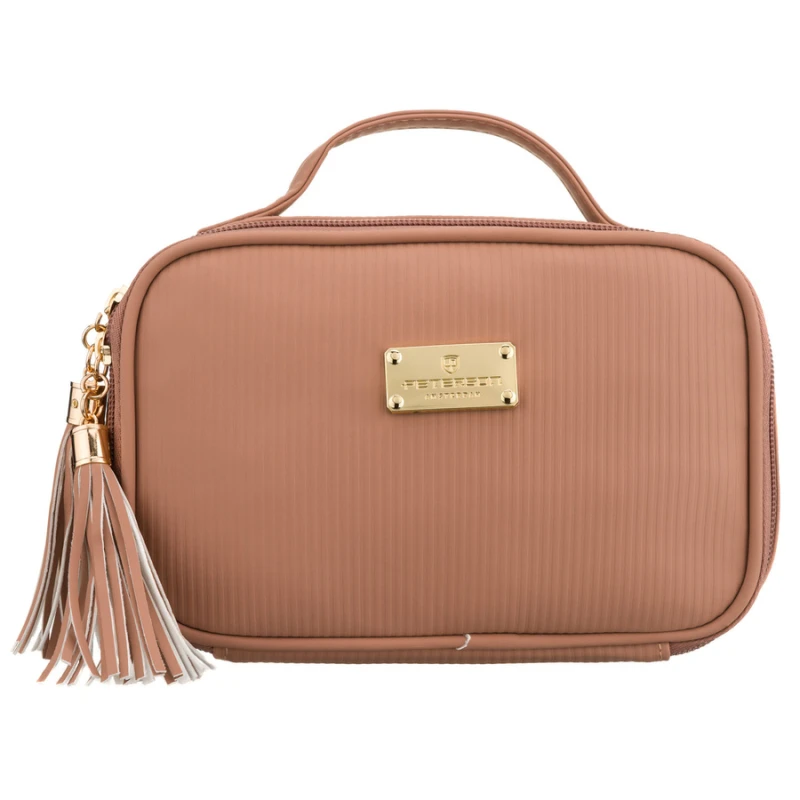 Jednokomorowa kosmetyczka z tkaniny syntetycznej w beżowym kolorze wyposażona praktyczny uchwyt - Peterson