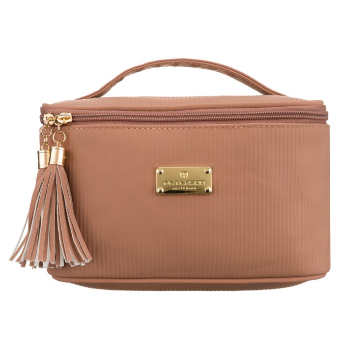 Praktyczna kosmetyczka z tkaniny syntetycznej w beżowym kolorze, jednokomorowa - Peterson