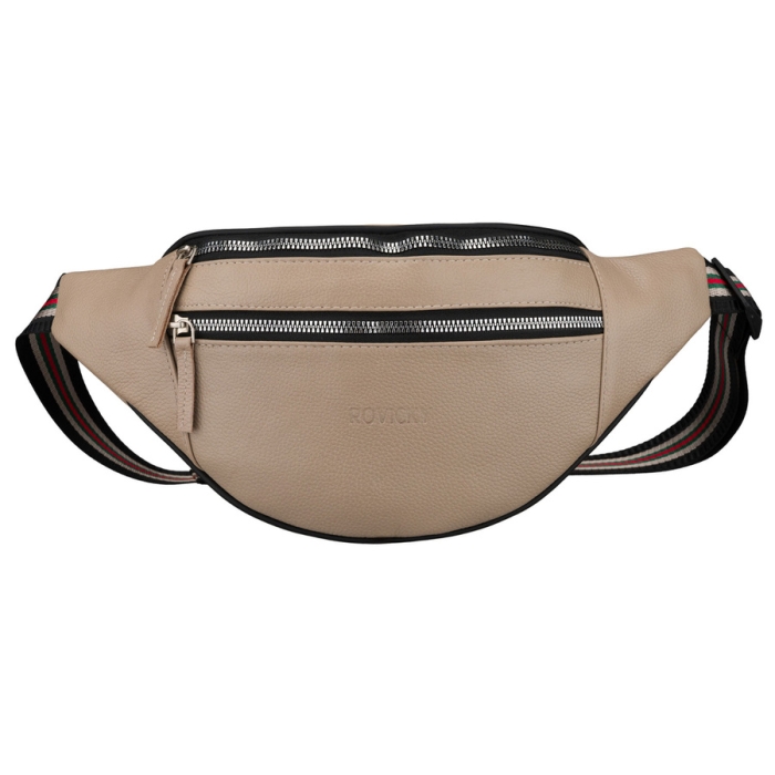 Skórzana saszetka damska w beżowym kolorze, jednokomorowa i zamykana na suwak - Rovicky