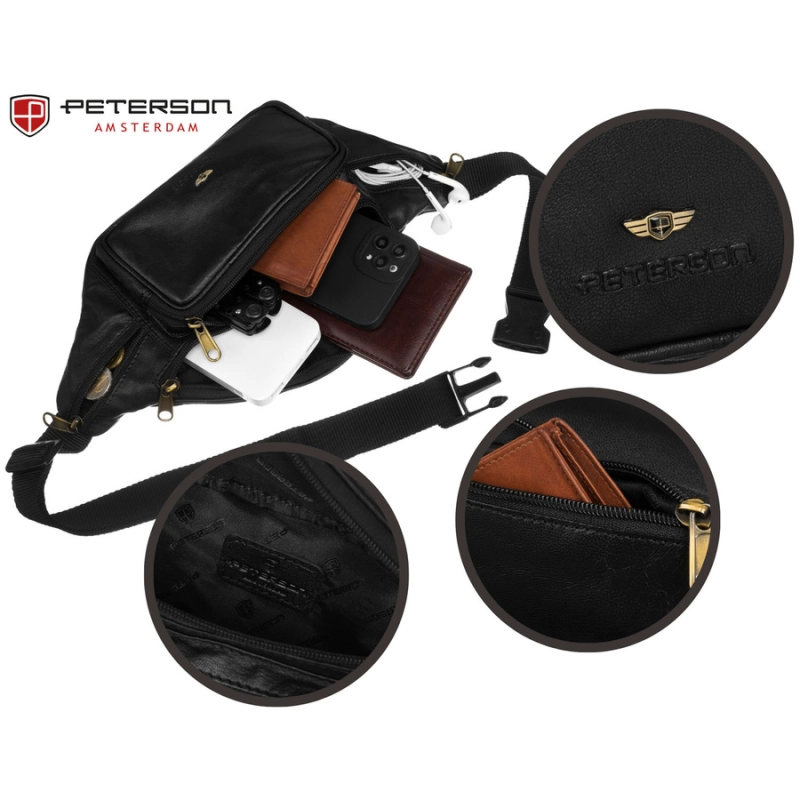 Pojemna saszetka męska w czarnym kolorze wykonana ze skóry naturalnej - Peterson