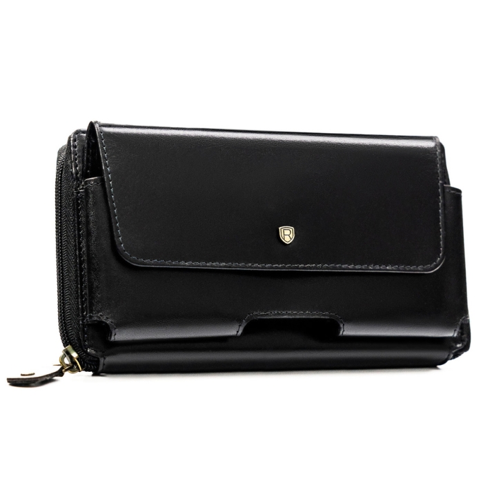 Skórzana, dwukomorowa saszetka męska w czarnym kolorze zamykana suwakiem - Rovicky