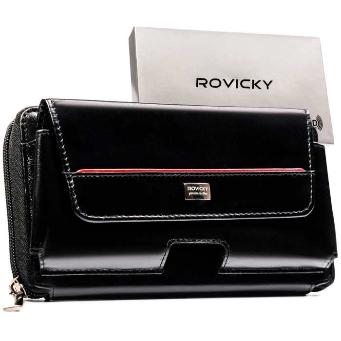 Skórzana saszetka męska Rovicky RFID czarna – widok z przodu