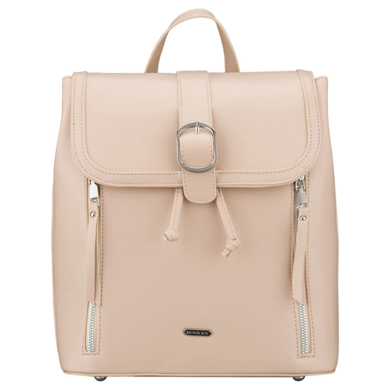 Beżowy, niewielki plecak damski ze skóry ekologicznej wyposażony w nóżki ochronne - Rovicky