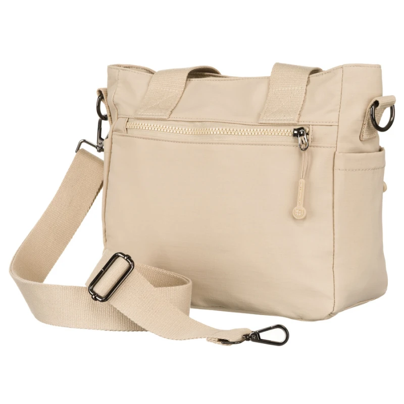 Niewielka shopperka damska z poliestru w beżowym kolorze z dopinanym paskiem - Peterson