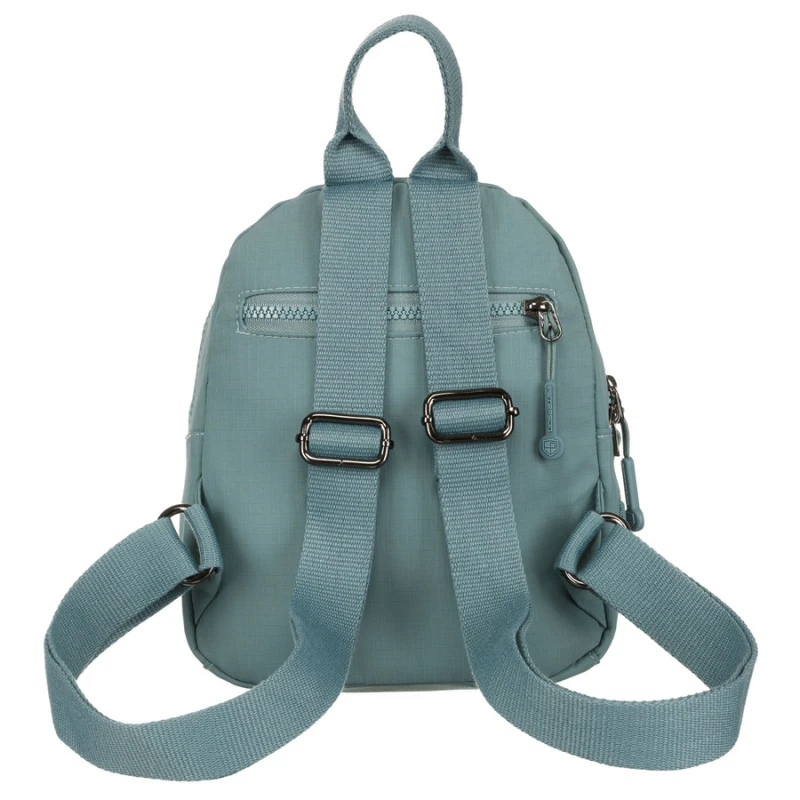 Niewielki plecak damski z poliestru w niebieskim kolorze z kieszonkami zamykanymi na suwak - Peterson