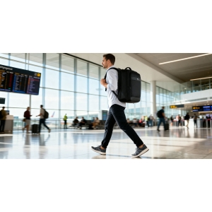 Podróżny, czarny plecak wykonany z poliestru, zawieszony na regulowanych szelkach - Peterson