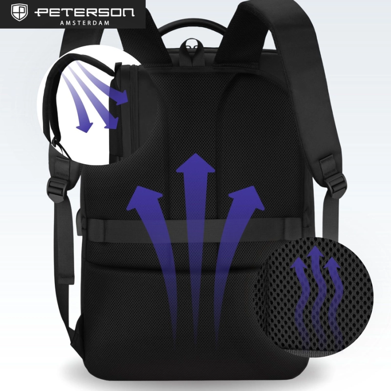 Podróżny, czarny plecak wykonany z poliestru, zawieszony na regulowanych szelkach - Peterson