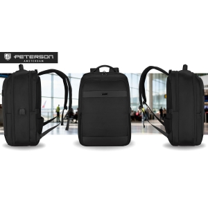 Podróżny, czarny plecak wykonany z poliestru, zawieszony na regulowanych szelkach - Peterson