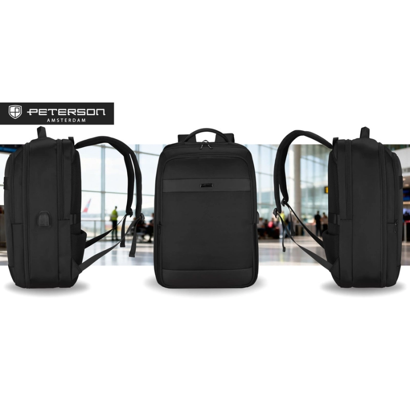 Podróżny, czarny plecak wykonany z poliestru, zawieszony na regulowanych szelkach - Peterson