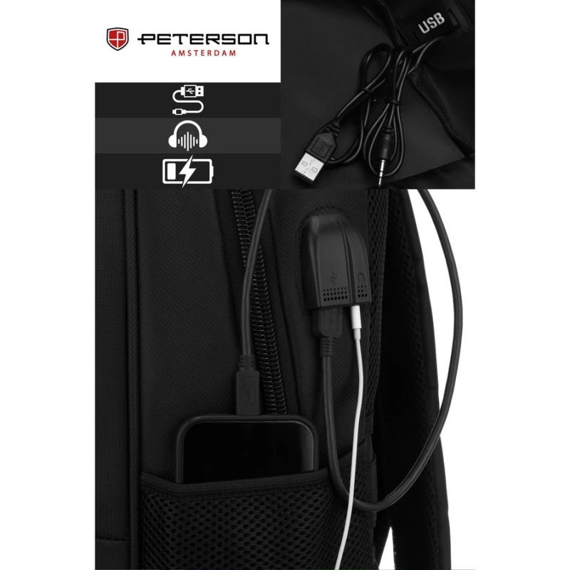 plecak Peterson czarny z portem USB