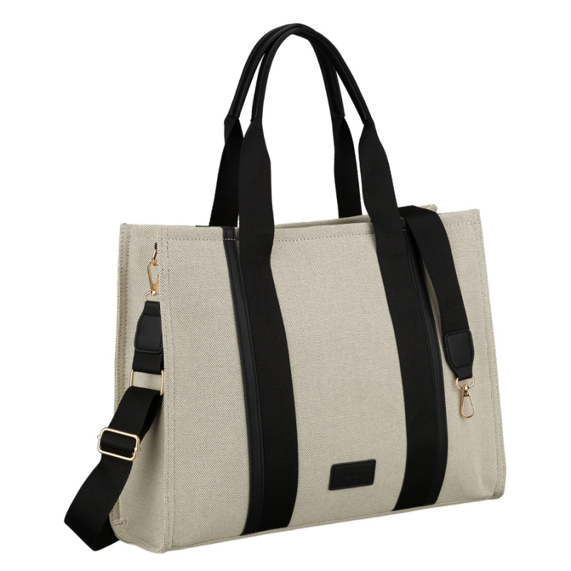 Duży shopper damski w beżowo-czarnym kolorze wykonany z włókna pomialidowego i skóry ekologicznej - Rovicky