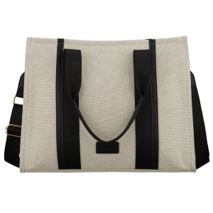 Duży shopper damski w beżowo-czarnym kolorze wykonany z włókna pomialidowego i skóry ekologicznej - Rovicky