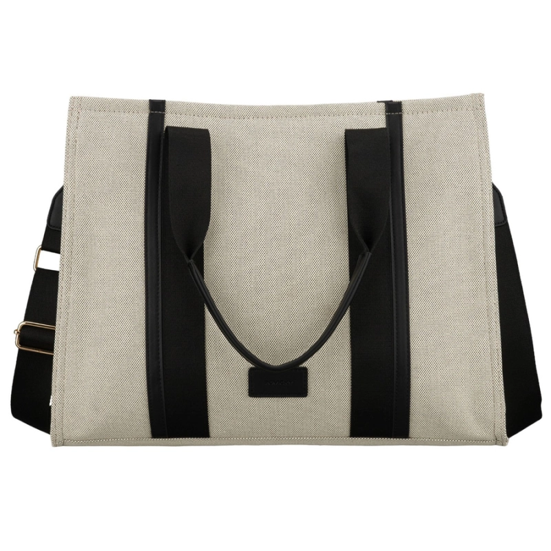 Duży shopper damski w beżowo-czarnym kolorze wykonany z włókna pomialidowego i skóry ekologicznej - Rovicky