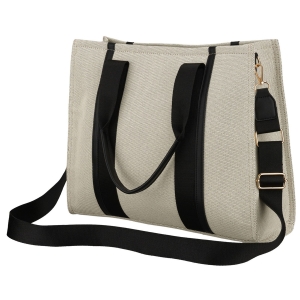 Duży shopper damski w beżowo-czarnym kolorze wykonany z włókna pomialidowego i skóry ekologicznej - Rovicky