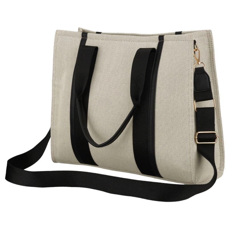 Duży shopper damski w beżowo-czarnym kolorze wykonany z włókna pomialidowego i skóry ekologicznej - Rovicky