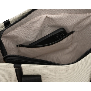 Duży shopper damski w beżowo-czarnym kolorze wykonany z włókna pomialidowego i skóry ekologicznej - Rovicky