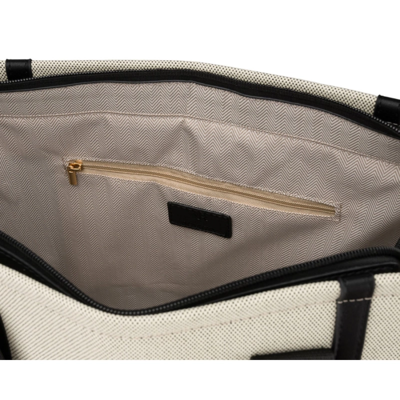 Duży shopper damski w beżowo-czarnym kolorze wykonany z włókna pomialidowego i skóry ekologicznej - Rovicky