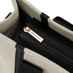 Duży shopper damski w beżowo-czarnym kolorze wykonany z włókna pomialidowego i skóry ekologicznej - Rovicky