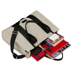 Duży shopper damski w beżowo-czarnym kolorze wykonany z włókna pomialidowego i skóry ekologicznej - Rovicky