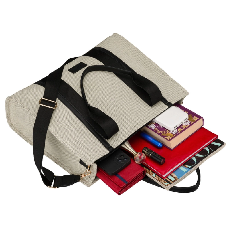 Duży shopper damski w beżowo-czarnym kolorze wykonany z włókna pomialidowego i skóry ekologicznej - Rovicky