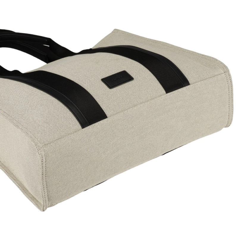 Duży shopper damski w beżowo-czarnym kolorze wykonany z włókna pomialidowego i skóry ekologicznej - Rovicky