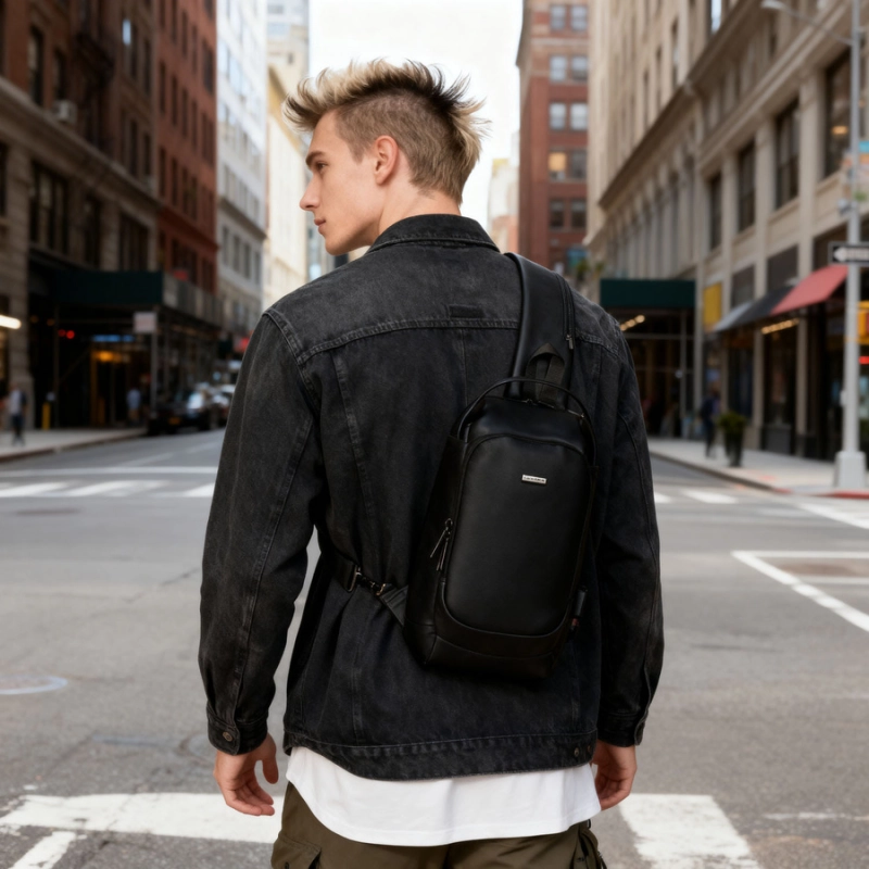 Czarna saszetka męska na ramię wykonana ze skóry ekologicznej - Rovicky