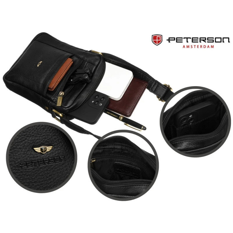 Listonoszka męska na ramię w czarnym kolorze zamykana na suwak i zawieszona na regulowanym pasku - Peterson