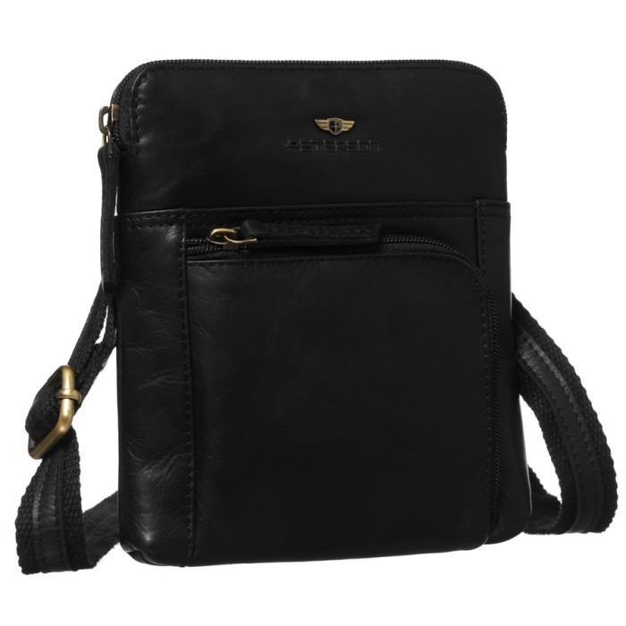 Skórzana listonoszka męska w czarnym kolorze, zawieszona na regulowanym pasku i zamykana suwakiem - Peterson