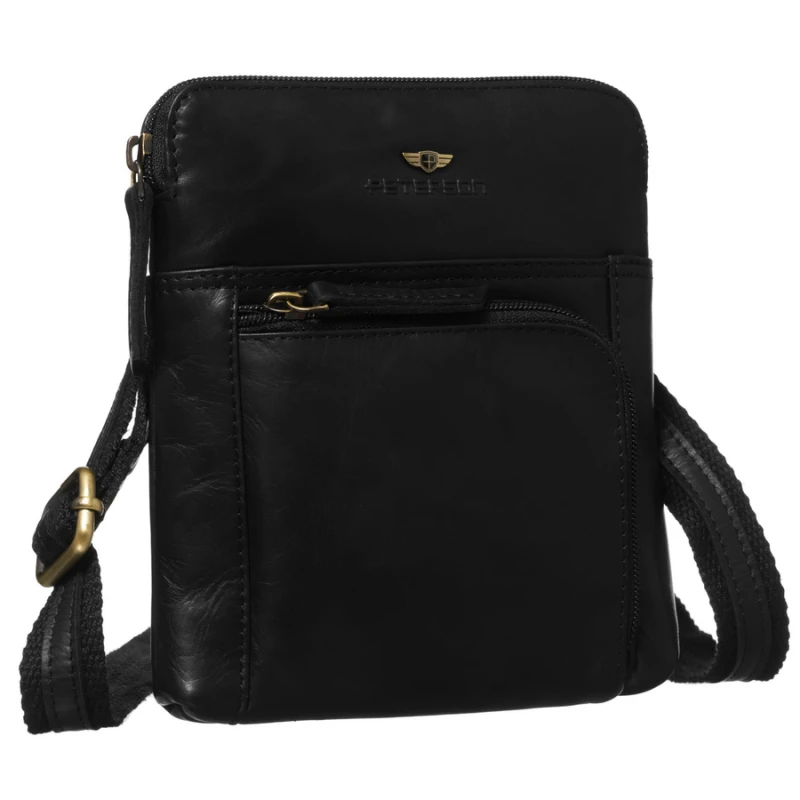 Skórzana listonoszka męska w czarnym kolorze, zawieszona na regulowanym pasku i zamykana suwakiem - Peterson