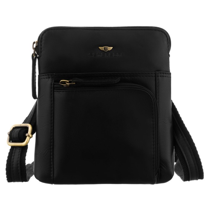 Skórzana listonoszka męska w czarnym kolorze, zawieszona na regulowanym pasku i zamykana suwakiem - Peterson