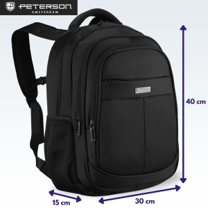 Miejski, pojemny plecak z poliestru w czarnym kolorze z miejscem na laptopa - Peterson
