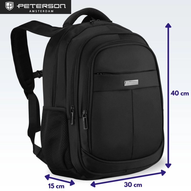 Miejski, pojemny plecak z poliestru w czarnym kolorze z miejscem na laptopa - Peterson