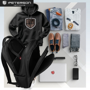 Miejski, pojemny plecak z poliestru w czarnym kolorze zawieszony na regulowanych szelkach - Peterson