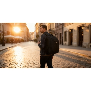 Miejski, pojemny plecak z poliestru w czarnym kolorze zawieszony na regulowanych szelkach - Peterson