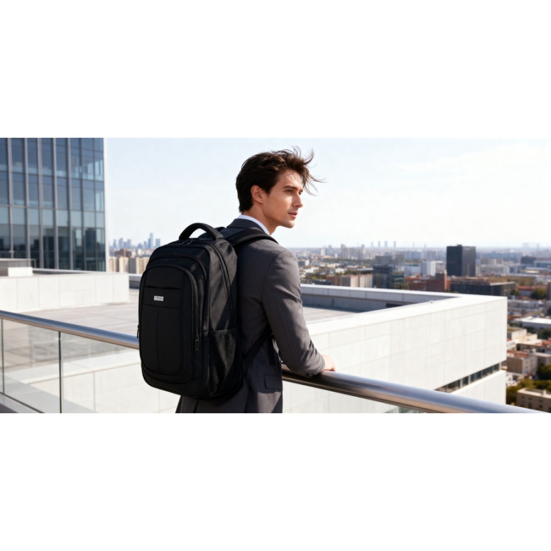 Miejski, pojemny plecak z poliestru w czarnym kolorze zawieszony na regulowanych szelkach - Peterson