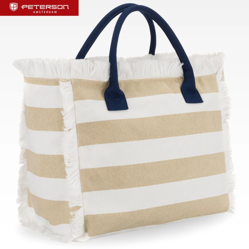 Torba plażowa duża na suwak biało - beżowa shopper bag - Peterson