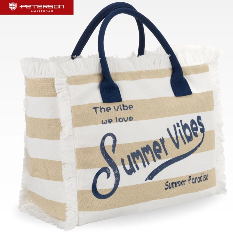 Torba plażowa duża na suwak biało - beżowa shopper bag - Peterson