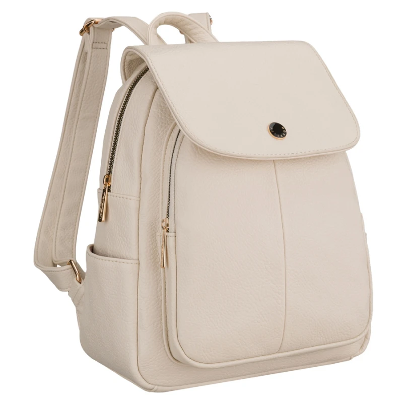 Beżowy plecak damski mały ze skóry ekologicznej miejski z klapką elegancki - Peterson