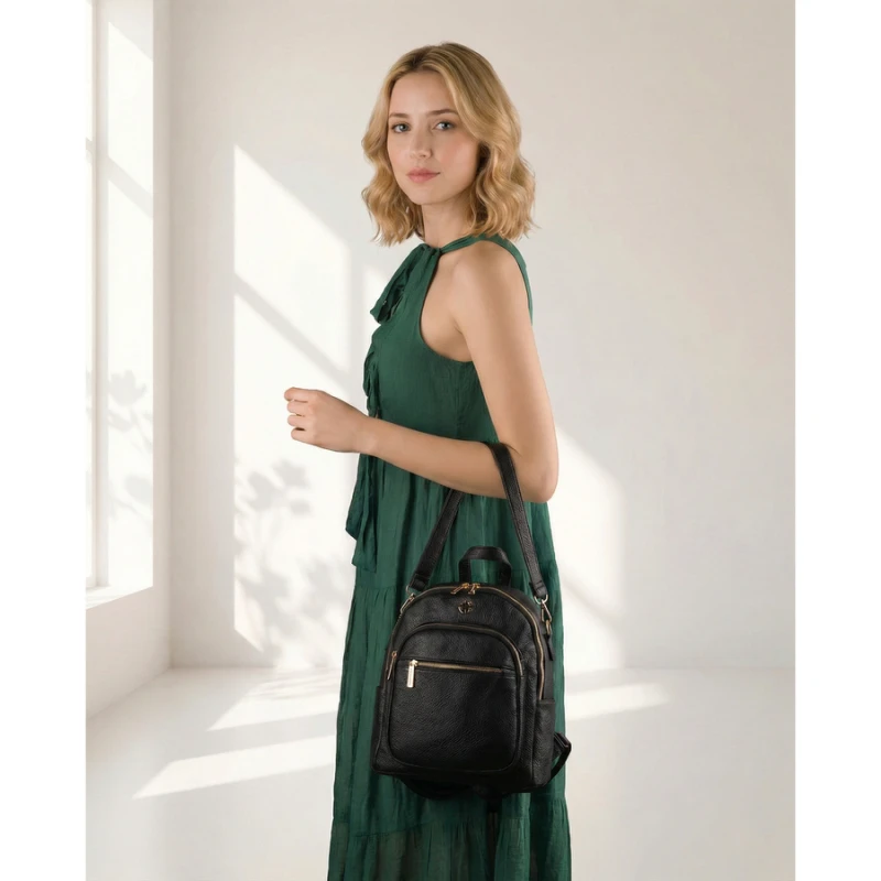 Mały plecak damski czarny ze skóry ekologicznej 2w1 listonoska na ramię modny miejski - Peterson