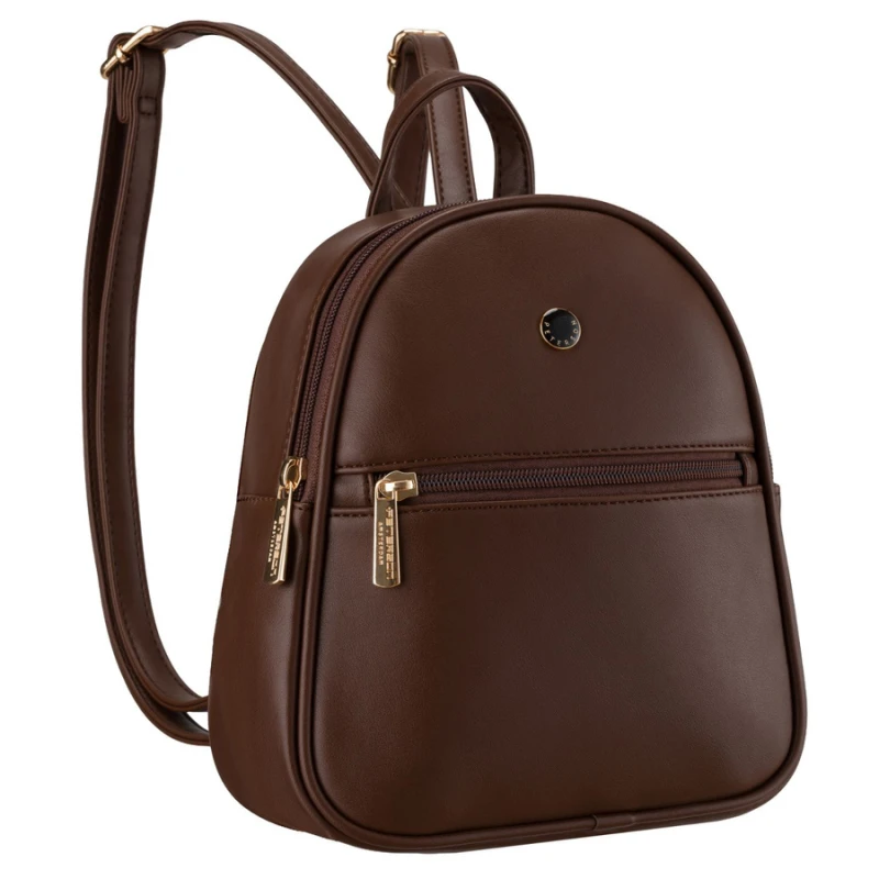 Brązowy mały plecak damski mini plecaczek ze skóry ekologicznej modny na suwak - Peterson