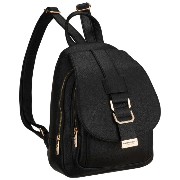 Mały czarny plecak damski ze skóry ekologicznej miejski modny z klapką - Peterson