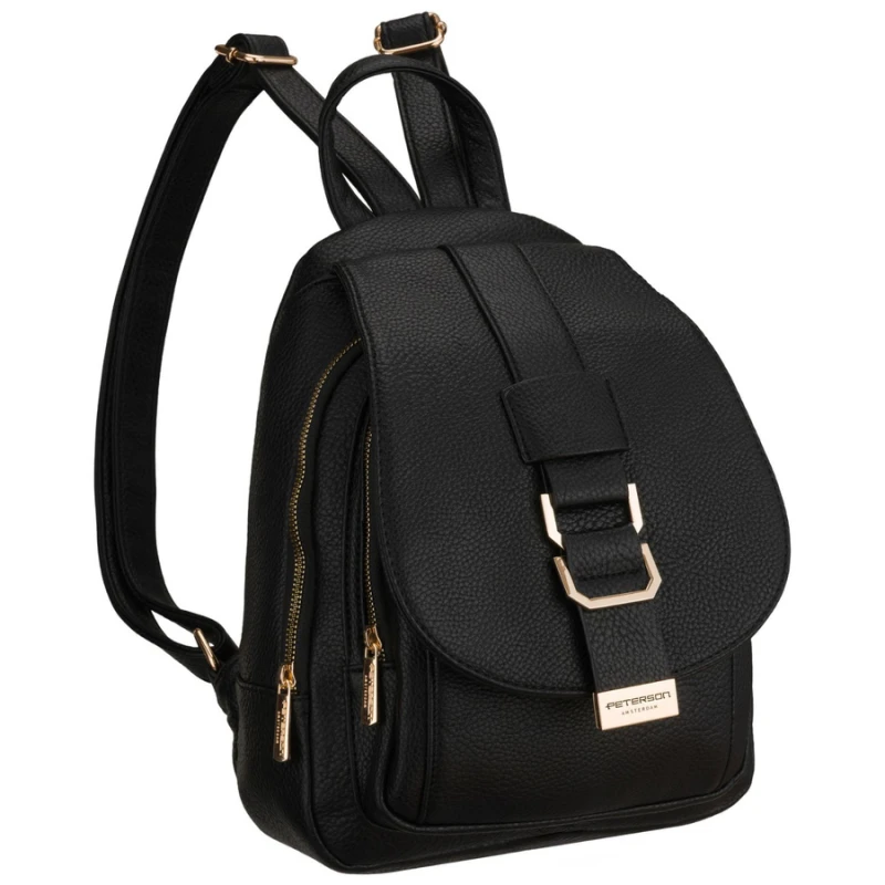 Mały czarny plecak damski ze skóry ekologicznej miejski modny z klapką - Peterson